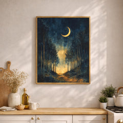 Crescent Moon Wall Art, Night Forest Path Print, Dark Woodland Landscape Canvas, Moody Nature Artwork, Mystical Forest Decor for Living Room