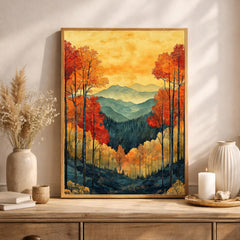 Autumn Forest Wall Art, Fall Mountain Landscape Canvas, Orange Tree Print, Nature Home Decor, Cozy Autumn Artwork for Bedroom