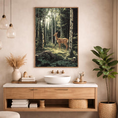 Birch Forest Fawn Wall Art Print, Large Framed Woodland Deer Canvas Decor, Nature Living Room Wall Decor, Rustic Cabin Animal Wall Art Decor