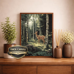 Birch Forest Fawn Wall Art Print, Large Framed Woodland Deer Canvas Decor, Nature Living Room Wall Decor, Rustic Cabin Animal Wall Art Decor