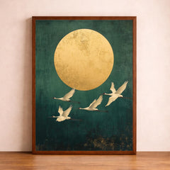 Gold Sun Crane Wall Art Print, Serene Bird Flight Canvas Decor, Minimal Oriental Living Room Wall Decor, Large Framed Nature Wall Art Print