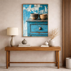 Weathered Blue Cabinet Wall Art Print, Rustic Kitchen Still Life Canvas, Large Frame Wood Bowl Farmhouse Decor,Distressed Furniture Wall Art