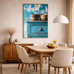 Weathered Blue Cabinet Wall Art Print, Rustic Kitchen Still Life Canvas, Large Frame Wood Bowl Farmhouse Decor,Distressed Furniture Wall Art