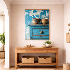 Weathered Blue Cabinet Wall Art Print, Rustic Kitchen Still Life Canvas, Large Frame Wood Bowl Farmhouse Decor,Distressed Furniture Wall Art
