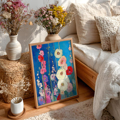 Blue Floral Wall Art, Vibrant Garden Flower Print, Rustic Cottage Framed Canvas, Botanical Home Decor, Colorful Bloom Accent