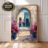 Mediterranean Archway Wall Art, Blue Door Floral Courtyard Framed Canvas, European Garden Artwork Print, Romantic Home Decor