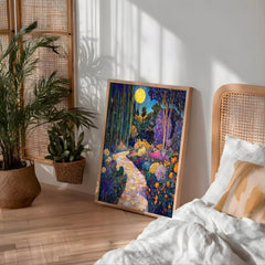 Moonlit Garden Wall Art, Night Floral Landscape Print, Romantic Cottage Framed Canvas, Vintage Inspired Home Decor, Dreamy Path Accent
