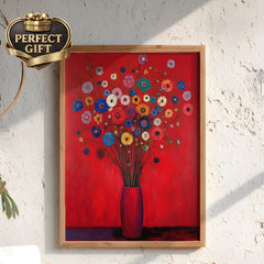 Red Floral Wall Art, Vibrant Bouquet Print, Vintage Inspired Framed Canvas, Bold Botanical Home Decor, Colorful Statement Accent