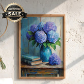 Blue Hydrangea Wall Art, Vintage Floral Still Life Print, Cottage Farmhouse Framed Canvas Decor, Rustic Botanical Home Accent