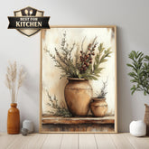 Rustic Kitchen Wall Art, Farmhouse Herb Still Life Framed Canvas, Vintage Botanical Print, Country Cottage Kitchen Decor