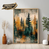 Rustic Forest Wall Art, Abstract Pine Tree Canvas Print, Moody Woodland Landscape Framed Decor, Cabin Nature Home Accent