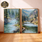 Set of 2 Mountain River Wall Art, Fishing Landscape Framed Canvas Duo, Rustic Wilderness Nature Prints, Cabin Lodge Home Decor