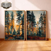 Set of 2 Autumn Forest Wall Art, Rustic Pine Tree Framed Canvas Duo, Fall Woodland Landscape Prints, Cozy Nature Home Decor