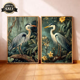 Set of 2 Botanical Heron Wall Art, Vintage Bird Framed Canvas Duo, Elegant Wildlife Nature Prints, Cottage Coastal Home Decor