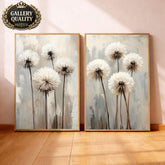 Set of 2 Neutral Dandelion Wall Art Set, Minimal Floral Framed Canvas Duo, Beige Botanical Artwork Prints, Modern Home Decor