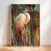 Egret Bird Wall Art, Wetland Wildlife Print, Nature Landscape Home Decor, Coastal Artwork for Living Room, Elegant Bird Framed Canvas