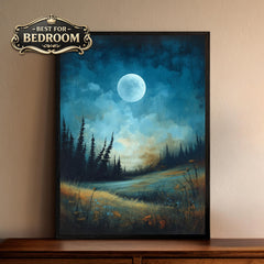 Moonlit Wall Art, Night Landscape Print, Forest Moonlight Framed Canvas, Moody Nature Artwork for Bedroom, Blue Green Home Decor