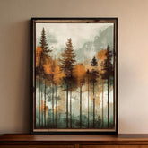 Rustic Forest Wall Art, Mountain Tree Framed Canvas, Cabin Landscape Decor, Earth Tone Nature Print, Woodland Artwork for Living Room