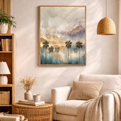Palm Tree Wall Art, Tropical Sunset Print, Coastal Landscape Artwork, Boho Beach Framed Canvas, Neutral Warm Decor for Living Room