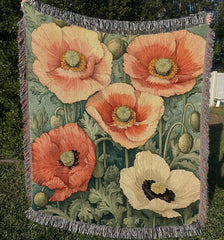 William Morris Inspired Blanket, Vintage Floral Blanket, Picnic Blanket, Woven Cotton Blanket, Cozy Reading Blanket, Poppies Throw Blanket