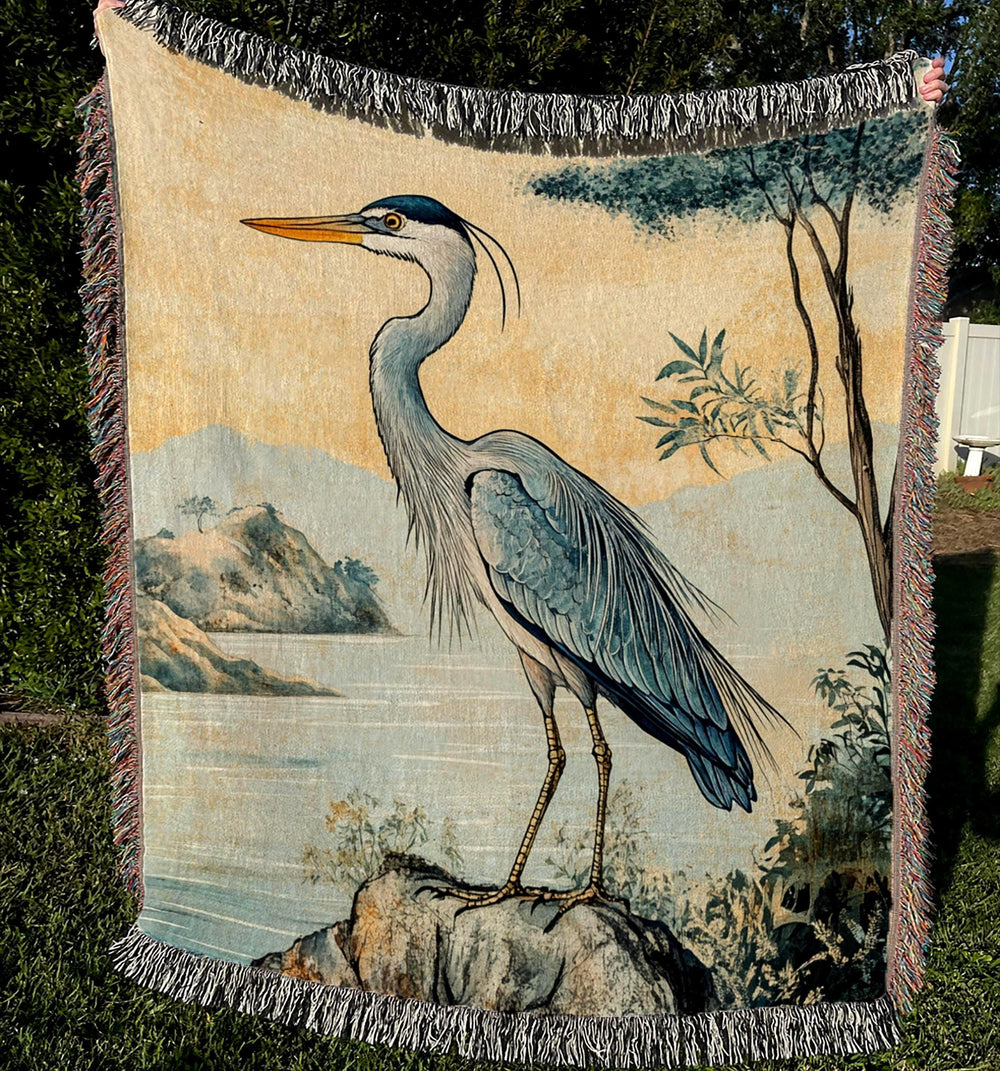 Coastal Heron Throw Blanket, Beach House Woven Decor, William Morris Nature Textile, Cozy Ocean Picnic Throw, Nautical Home Accent