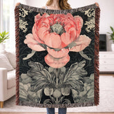 Pink Peony Woven Blanket Vintage Botanical Floral Throw Cozy Cottagecore Home Decor Elegant Flower Tapestry Blanket