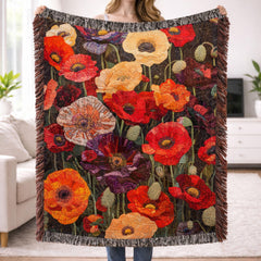 Poppy Woven Blanket, Bold Floral Tapestry, Garden Inspired Cozy Decorative Throw