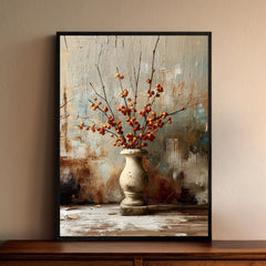 Rustic Vase Wall Art, Berry Branch Still Life Artwork, Farmhouse Decor, Vintage Botanical Print, Neutral Kitchen Framed Canvas