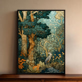 Woodland Heron Wall Art, Botanical Forest Print, Nature Illustration Decor, Vintage Style Bird Artwork, Green Forest Framed Canvas