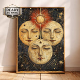 Vintage Sun Moon Wall Art, Celestial Face Canvas, Antique Cosmic Artwork, Mystical Sunburst Print, Boho Spiritual Decor for Living Room