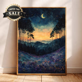 Twilight Meadow Wall Art, Moonlit Landscape Canvas, Dreamy Night Field Artwork, Starry Sky Nature Decor, Whimsical Print for Living Room