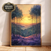 Sunset Forest Wall Art, Golden Sky Landscape Canvas, Mountain Valley Artwork, Warm Nature Decor, Scenic Woodland Print for Living Room