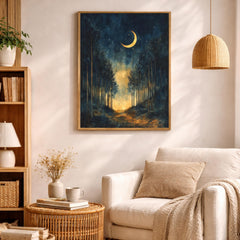 Crescent Moon Wall Art, Night Forest Path Print, Dark Woodland Landscape Canvas, Moody Nature Artwork, Mystical Forest Decor for Living Room