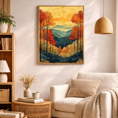 Autumn Forest Wall Art, Fall Mountain Landscape Canvas, Orange Tree Print, Nature Home Decor, Cozy Autumn Artwork for Bedroom