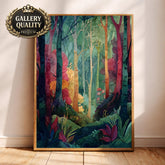 Botanical Forest Wall Art, Colorful Woodland Print, Whimsical Nature Artwork, Decorative Forest Canvas, Artistic Tree Decor for Living Room