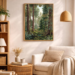Evergreen Tree Wall Art, Forest Scene Framed Canvas, Woodland Landscape Print, Nature Lover Artwork, Rustic Cabin Decor for Living Room