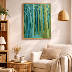 Abstract Forest Wall Art, Green Tree Print, Modern Woodland Artwork, Minimal Nature Decor, Minimalist Forest Canvas for Living Room