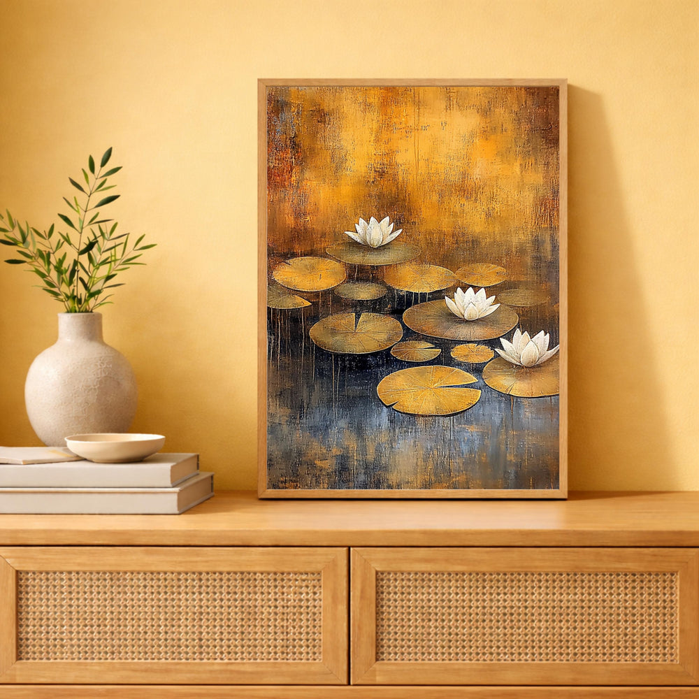 Lotus Flower Wall Art, Water Lily Print, Zen Botanical Decor, Golden Pond Artwork, Tranquil Nature Framed Canvas, Cottagecore Decor