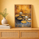 Lotus Flower Wall Art, Water Lily Print, Zen Botanical Decor, Golden Pond Artwork, Tranquil Nature Framed Canvas, Cottagecore Decor