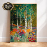 Birch Tree Wall Art, Wildflower Meadow Print, Vibrant Floral Landscape Canvas, Nature Garden Artwork, Cottagecore Decor