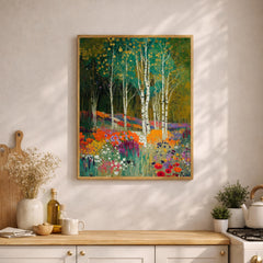 Birch Tree Wall Art, Wildflower Meadow Print, Vibrant Floral Landscape Canvas, Nature Garden Artwork, Cottagecore Decor