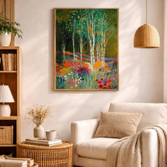 Birch Tree Wall Art, Wildflower Meadow Print, Vibrant Floral Landscape Canvas, Nature Garden Artwork, Cottagecore Decor