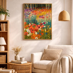 Wildflower Meadow Wall Art, Birch Tree Landscape Print, Vibrant Floral Field Artwork, Cottagecore Nature Decor, Garden Framed Canvas