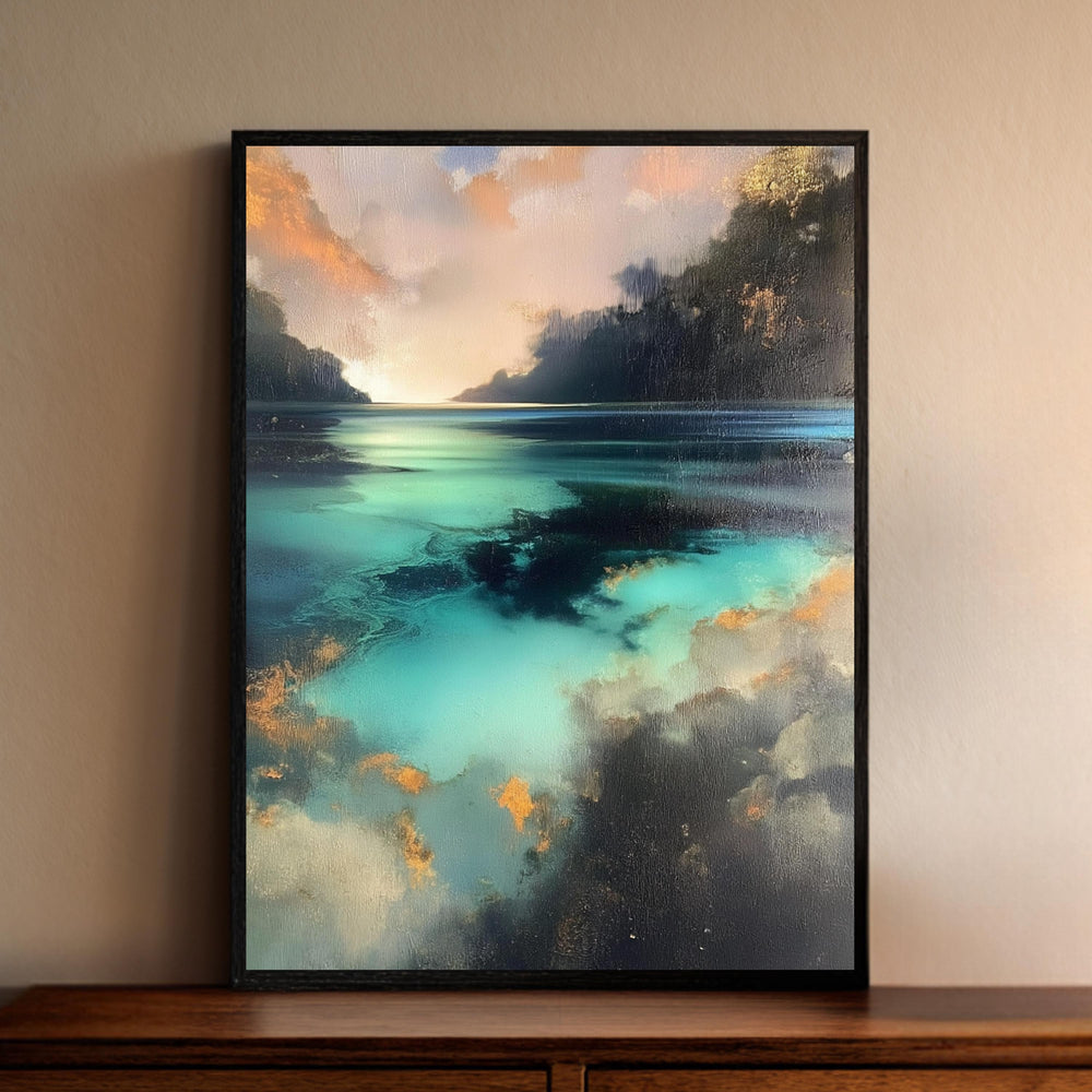 Turquoise Lagoon Wall Art, Abstract Coastal Artwork, Teal Water Framed Canvas, Moody Ocean Print, Statement Decor for Living Room