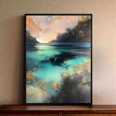 Turquoise Lagoon Wall Art, Abstract Coastal Artwork, Teal Water Framed Canvas, Moody Ocean Print, Statement Decor for Living Room