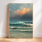 Ocean Waves Wall Art, Moody Seascape Print, Dramatic Ocean Artwork, Coastal Sunset Framed Canvas, Beach House Decor