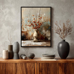 Rustic Vase Wall Art, Berry Branch Still Life Artwork, Farmhouse Decor, Vintage Botanical Print, Neutral Kitchen Framed Canvas