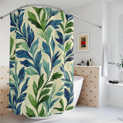 Botanical Leaf Shower Curtain, Blue Green Bathroom Decor, Nature Inspired Bath Curtain, Modern Coastal Bathroom