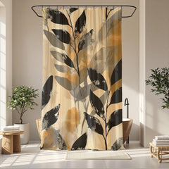 Neutral Botanical Shower Curtain, Abstract Leaf Bathroom Decor, Beige Black Modern Bath Curtain, Minimalist Nature Bathroom