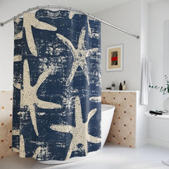 Starfish Shower Curtain, Coastal Bathroom Decor, Navy Blue Beach Bath Curtain, Nautical Ocean Style